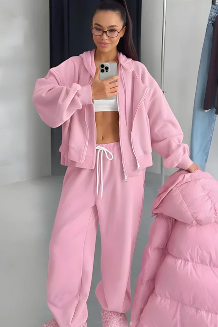 Trening Lejer de Dama, din Bumbac, Hanorac cu Fermoar Dublu si Pantalon cu Buzunare, Mallaga, Roz