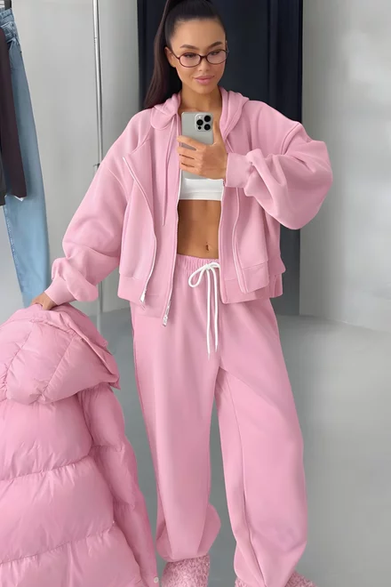 Trening Lejer de Dama, din Bumbac, Hanorac cu Fermoar Dublu si Pantalon cu Buzunare, Mallaga, Roz