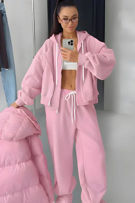 Trening Lejer de Dama, din Bumbac, Hanorac cu Fermoar Dublu si Pantalon cu Buzunare, Mallaga, Roz