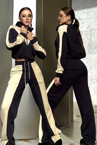 Trening Lejer de Dama, din Bumbac, Hanorac si Pantalon cu Buzunare si Insertii Bej in Contrast, Komett, Negru