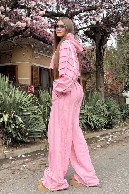 Trening Lejer de Dama, din Bumbac, Hanorac si Pantalon cu Cusaturi Evidentiate, Arminne, Roz