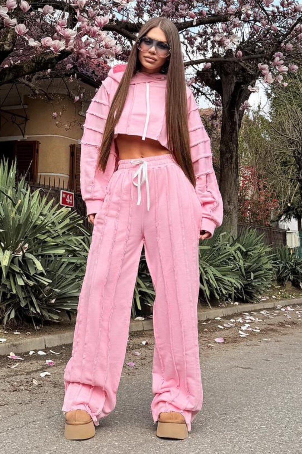 FOGGI Trening Lejer De Dama, Din Bumbac, Hanorac Si Pantalon Cu Cusaturi Evidentiate, Arminne, Roz