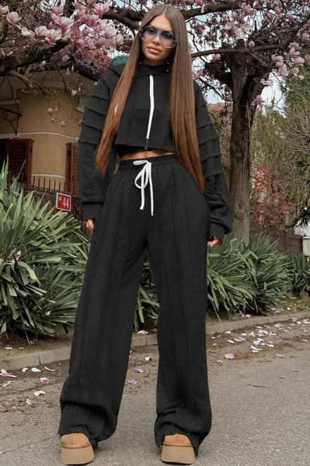 Trening Lejer de Dama, din Bumbac, Hanorac si Pantaloni cu Cusaturi Evidentiate, Evante, Negru