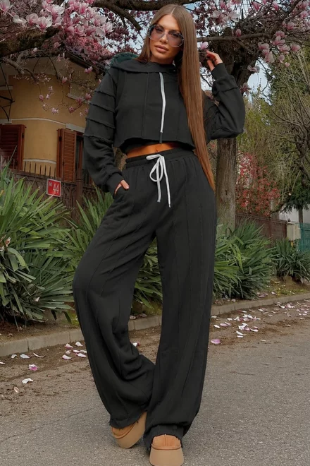 Trening Lejer de Dama, din Bumbac, Hanorac si Pantaloni cu Cusaturi Evidentiate, Evante, Negru