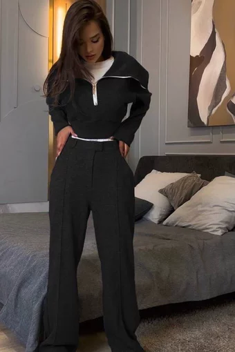 Trening Lejer de Dama, din Bumbac, Top si Pantalon Cusaturi Evidentiate, September, Negru