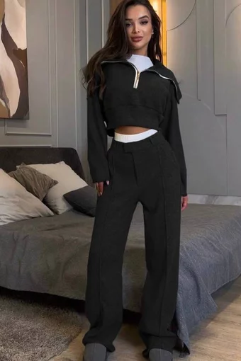 Trening Lejer de Dama, din Bumbac, Top si Pantalon Cusaturi Evidentiate, September, Negru