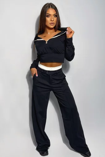 Trening Lejer de Dama, din Bumbac, Top si Pantalon Cusaturi Evidentiate, September, Negru