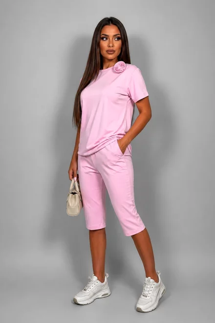 Trening Lejer de Dama, din Bumbac, Tricou Accesorizat cu Floare si Pantalon 3/4, Ayrina, Roz
