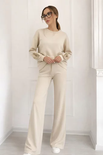 Trening Lejer de Dama, Doua Piese, Bluza Accesorizata cu Flori si Pantaloni Lejeri, Annais, Crem