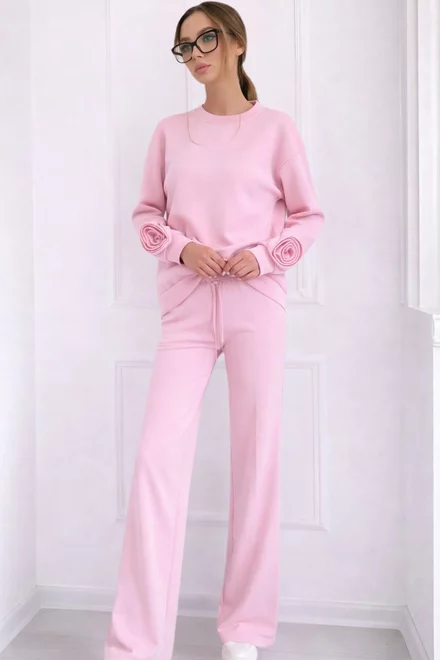 Trening Lejer de Dama, Doua Piese, Fluza Accesorizata cu Flori si Pantalon cu Buzunare, Nabba, Roz Bon-Bon