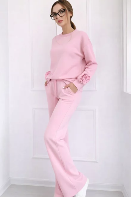 Trening Lejer de Dama, Doua Piese, Fluza Accesorizata cu Flori si Pantalon cu Buzunare, Nabba, Roz Bon-Bon