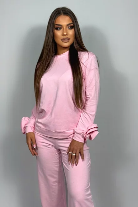 Trening Lejer de Dama, Doua Piese, Fluza Accesorizata cu Flori si Pantalon cu Buzunare, Nabba, Roz Bon-Bon