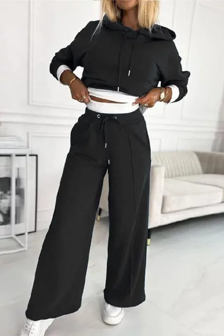 Trening Lejer din Bumbac, din Doua Piese, Hanorac cu Gluga si Pantalon Lejer cu Buzunare, StreetVibes, Negru