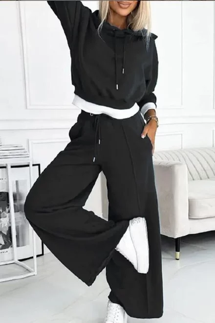 Trening Lejer din Bumbac, din Doua Piese, Hanorac cu Gluga si Pantalon Lejer cu Buzunare, StreetVibes, Negru
