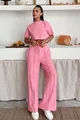 Trening Lejer din Bumbac, Doua Piese, Tricou si Pantaloni cu Cusaturi Evidentiate, Performance, Roz