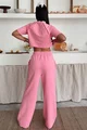 Trening Lejer din Bumbac, Doua Piese, Tricou si Pantaloni cu Cusaturi Evidentiate, Performance, Roz
