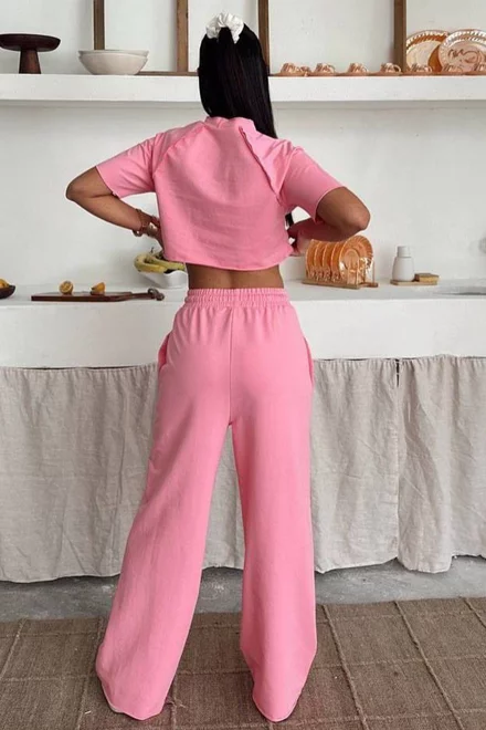 Trening Lejer din Bumbac, Doua Piese, Tricou si Pantaloni cu Cusaturi Evidentiate, Performance, Roz