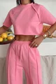 Trening Lejer din Bumbac, Doua Piese, Tricou si Pantaloni cu Cusaturi Evidentiate, Performance, Roz