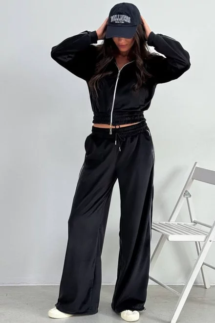 Trening Lejer, din Catifea, Doua Piese, Pantalon cu Buzunare si Hanorac cu Inchidere Fermoar, GoodVibes, Negru