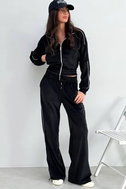 Trening Lejer, din Catifea, Doua Piese, Pantalon cu Buzunare si Hanorac cu Inchidere Fermoar, GoodVibes, Negru