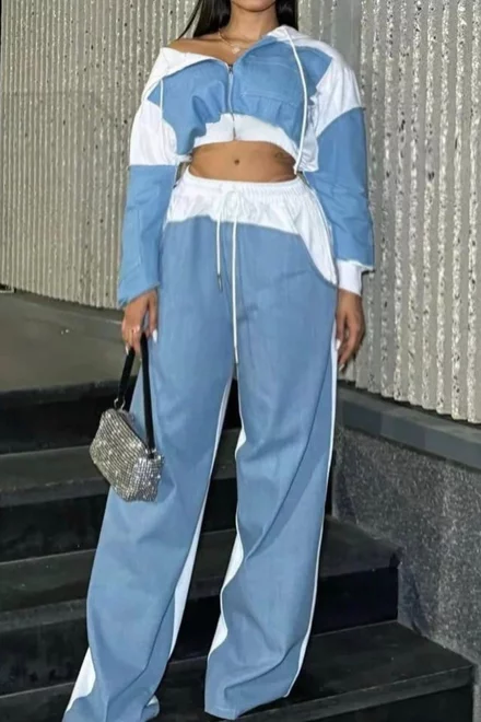 Trening Lejer din Denim, Doua Piese, Jacheta Scurta cu Gluga si Pantalon cu Buzunare, Mysterio,  Blue
