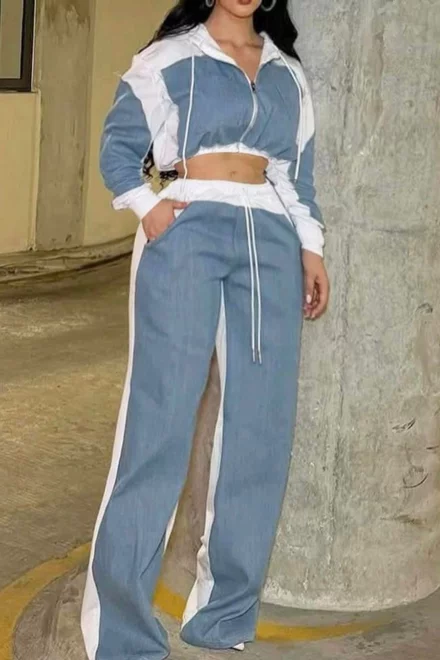 Trening Lejer din Denim, Doua Piese, Jacheta Scurta cu Gluga si Pantalon cu Buzunare, Mysterio,  Blue