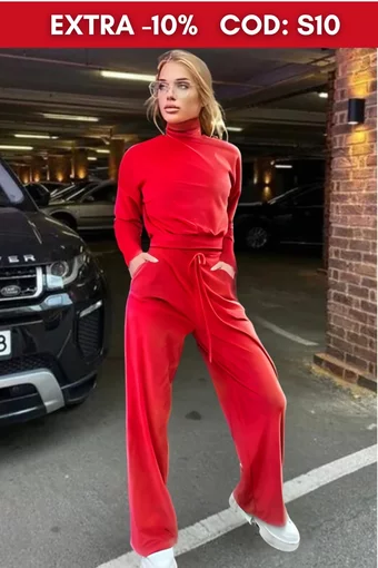 Trening Lejer din Doua Piese, Pantalon Evazat cu Buzunare si Bluza, din Catifea, Zuleya, Rosu