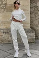 Trening Oversize de Dama, din Bumbac, Pantaloni cu Dublura, Conici si Hanorac cu Gluga, Breeze, Alb