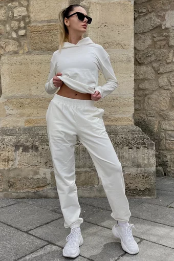Trening Oversize de Dama, din Bumbac, Pantaloni cu Dublura, Conici si Hanorac cu Gluga, Breeze, Alb