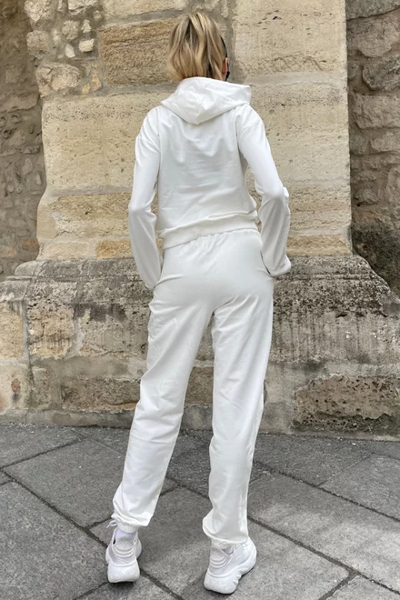 Trening Oversize de Dama, din Bumbac, Pantaloni cu Dublura, Conici si Hanorac cu Gluga, Breeze, Alb