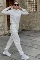 Trening Oversize de Dama, din Bumbac, Pantaloni cu Dublura, Conici si Hanorac cu Gluga, Breeze, Alb