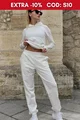 Trening Oversize de Dama, din Bumbac, Pantaloni cu Dublura, Conici si Hanorac cu Gluga, Breeze, Alb