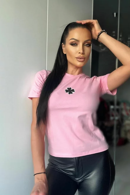 Tricou cu Maneca Scurta de Dama, cu Imprimeu Trifoi, Gisselle, Roz Pudra