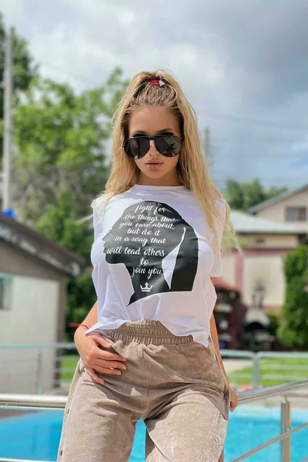 Tricou dama FIGHTER GIRL WHITE cu imprimeu
