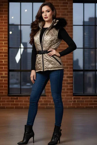 Vesta de Dama, din Fas, cu Inchidere Fermoar Dublu si Gluga, Katty, Cappucino