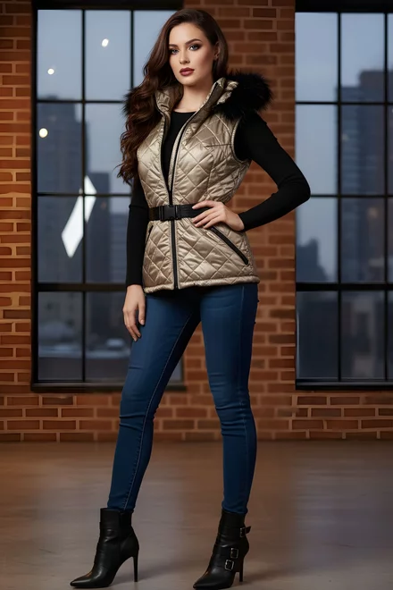 Vesta de Dama, din Fas, cu Inchidere Fermoar Dublu si Gluga, Katty, Cappucino