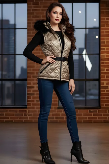 Vesta de Dama, din Fas, cu Inchidere Fermoar Dublu si Gluga, Katty, Cappucino