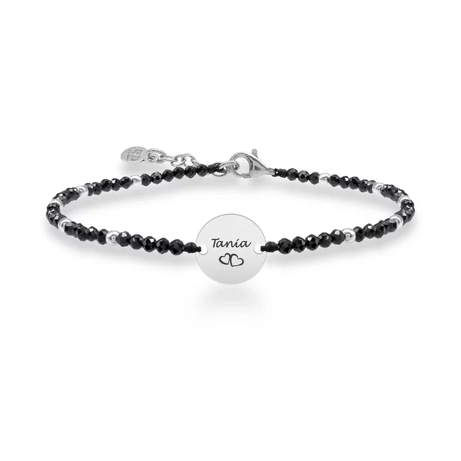 Bratara argint 925 bilute si pietre naturale Spinel negru, banut personalizat gravura text (10 mm)