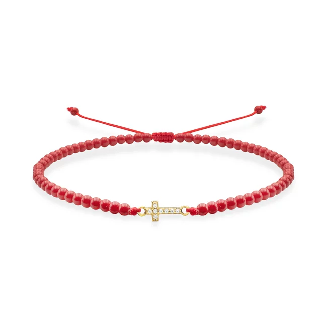 Bratara Argint 925 Premium dama - coral rosu si cruce cu zirconii (9mm)