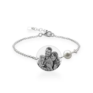 Bratara Argint dama, lant cu perla si banut, personalizata cu poza (17 mm)