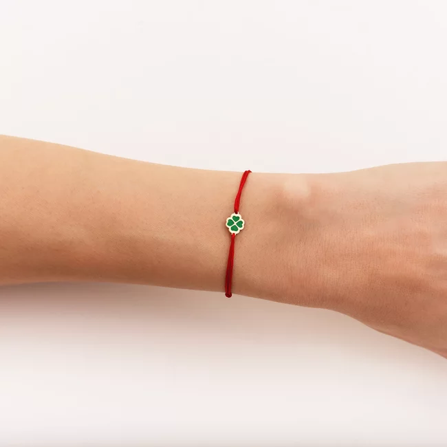 Bratara Aur 14K Dama, snur rosu si trifoi cu email (7 mm)