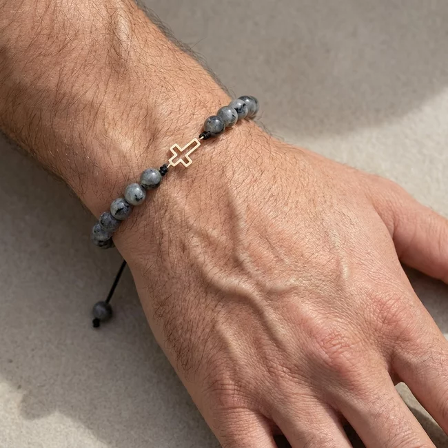 Bratara Aur 14K Premium barbati, reglabila - labradorit si cruce (12 mm)