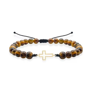 Bratara Aur 14K Premium barbati, reglabila - ochi de tigru si cruce (12 mm)