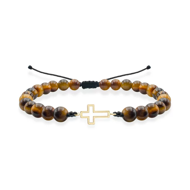 Bratara Aur 14K Premium barbati, reglabila - ochi de tigru si cruce (12 mm)