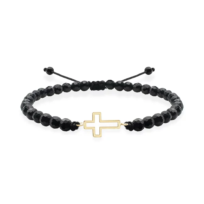 Bratara Aur 14K Premium barbati, reglabila - onix fatetat si cruce (12 mm)