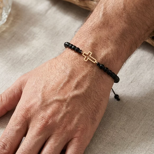 Bratara Aur 14K Premium barbati, reglabila - onix fatetat si cruce (12 mm)
