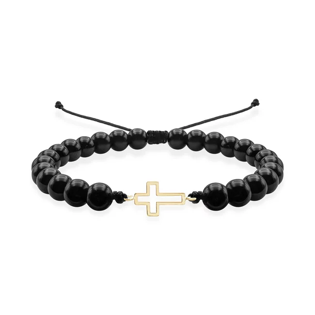 Bratara Aur 14K Premium barbati, reglabila - onix si cruce (12 mm)
