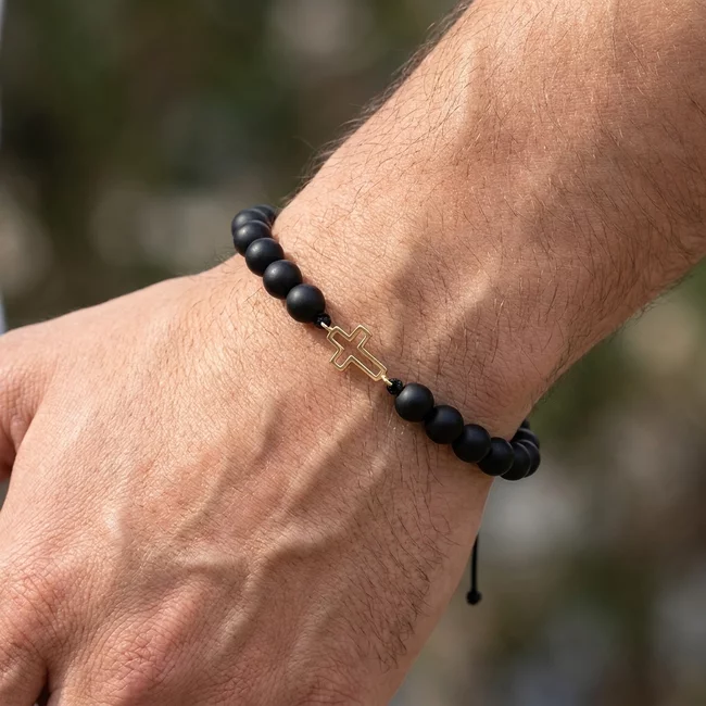 Bratara Aur 14K Premium barbati, reglabila - onix si cruce (12 mm)