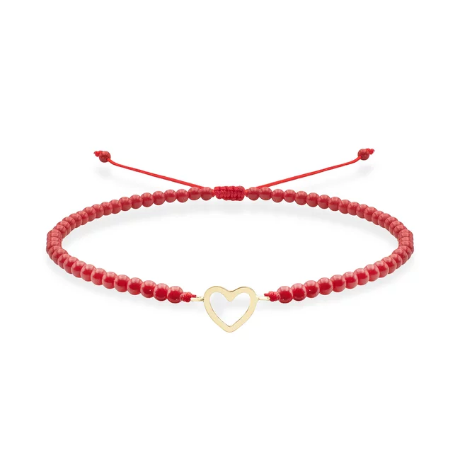 Bratara Aur 14K Premium dama, reglabila - coral rosu si inima (14 mm)