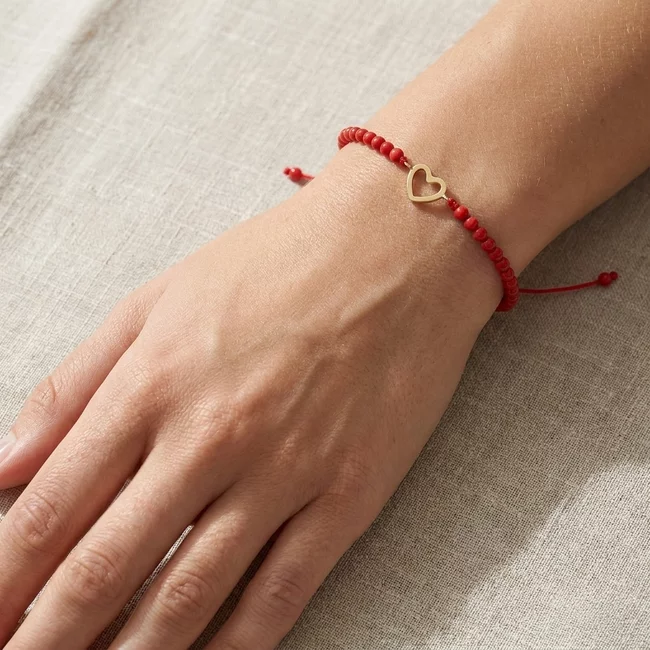 Bratara Aur 14K Premium dama, reglabila - coral rosu si inima (14 mm)
